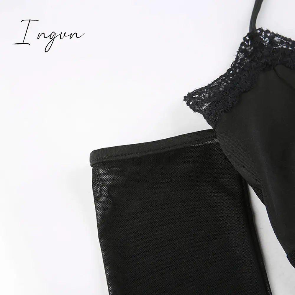 Ingvn - Hot Sell Slash Neck Sexy Black Mesh T-Shirts Women Lace Patchwork Rave Goth Clubwear Backless Halter Tie Up Spaghetti Strap Tops