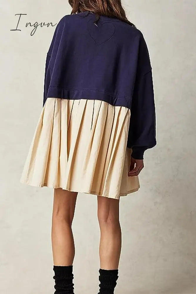 Ingvn - Casual Solid Patchwork Contrast O Neck Pleated Dresses