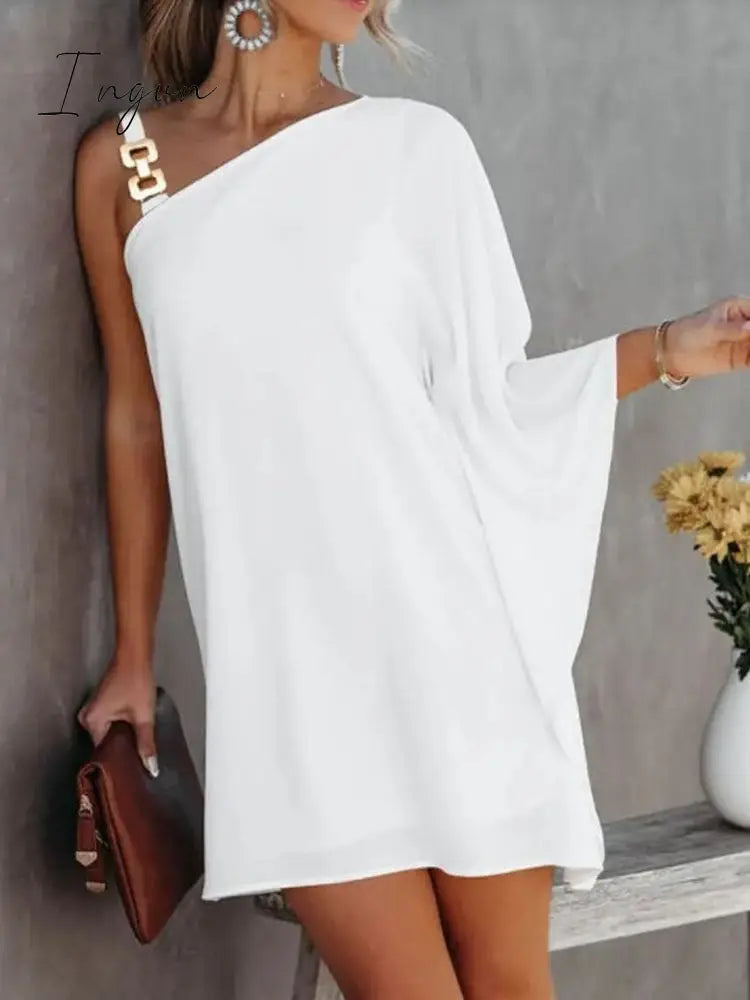 Ingvn - Sexy One-Shoulder Long Sleeve Party Dress Spring Vintage Halter Loose Irregular Dress Elegant Women Print Ruffle Dresses Vestido