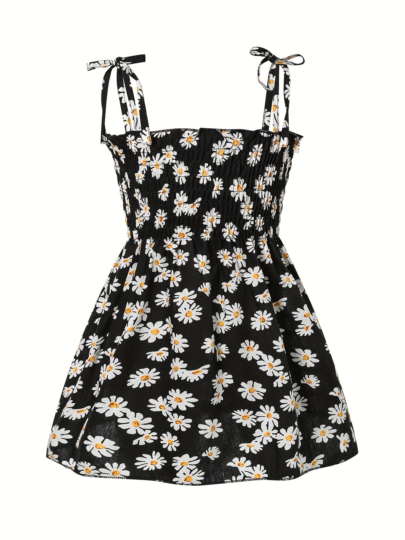 Cotton Little Girls Brief Slip Dress - Shirred, Random Daisy Print, Non-Stretch, Regular Fit, Cute Style - Perfect for Summer Beach Vacation and Outdoor Play