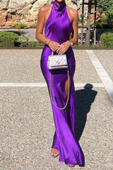 Ingvn - Sexy Celebrities Solid Backless Slit Halter Dresses