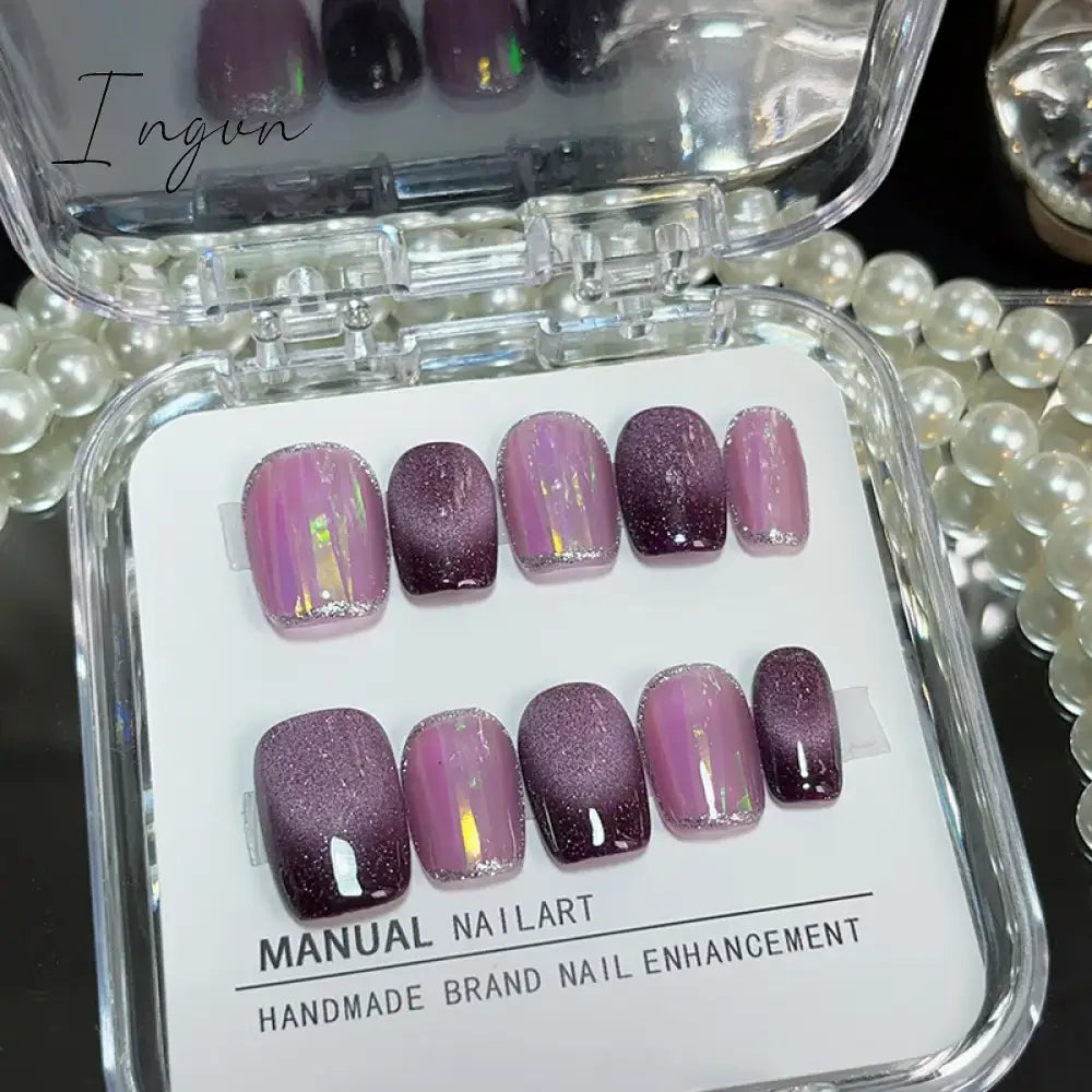 10Pcs Glitter Short Handmade Press On Nails Fake Nails Full Cover Cat Eye Square Head Artificial Manicure Wearable Nail Tips Art