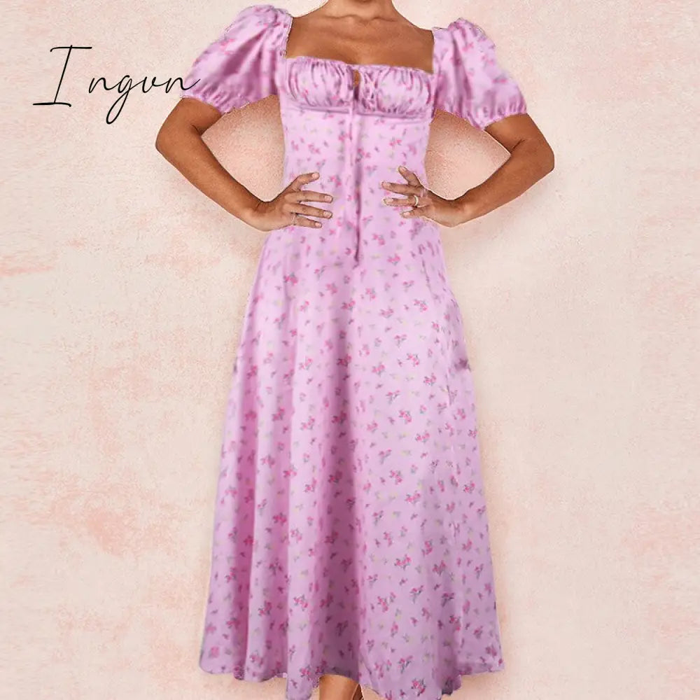 Ingvn - Summer Women's Wear, Bohemian Style Bubble Sleeve Floral Split Long Dress, High Waist Sexy Party Elegant Bandage Dress