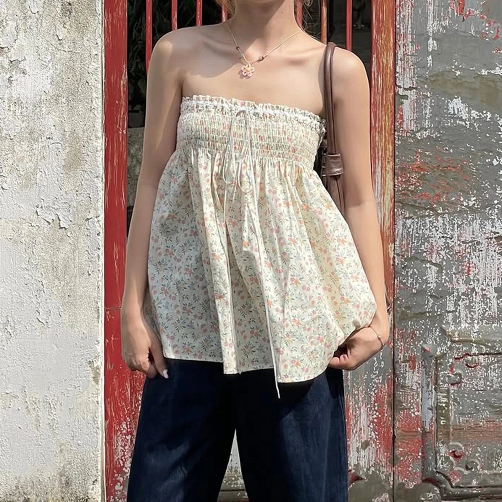 Y2k Elastic Bust Strapless Flowy Camisole Floral Graphic Print Tube Tops Fairycore Sweet Cute Off Shoulder Backless BabydollVest