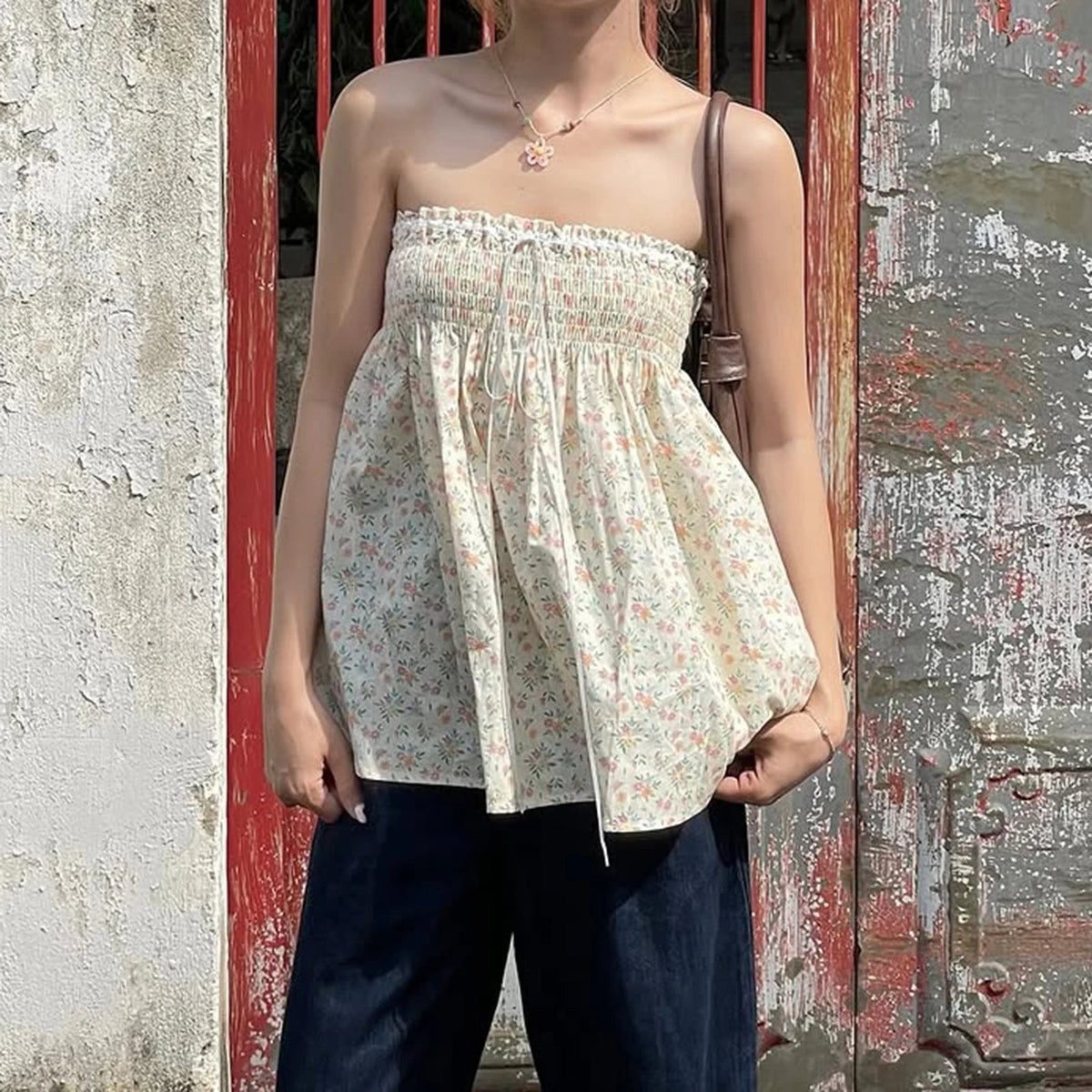 Y2k Elastic Bust Strapless Flowy Camisole Floral Graphic Print Tube Tops Fairycore Sweet Cute Off Shoulder Backless BabydollVest