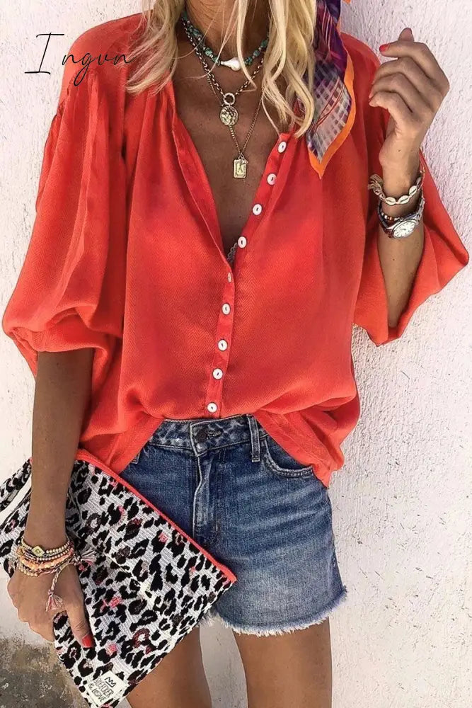 Ingvn - Buttons Design Lace-up Red Blouse