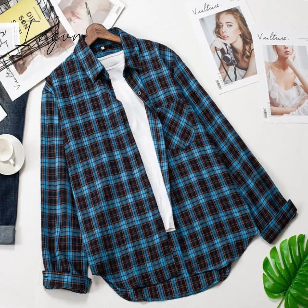 Ingvn - Plaid Shirts Womens Blouses Long Sleeve Lady Checked Tops Loose Female Outwear Casual Clothes Spring Autumn News