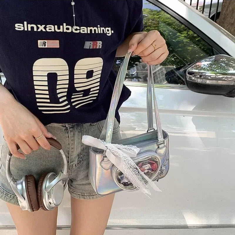 Ingvn  Lace Handbags for Women Lolita Jk Transparent Y2k Fashion Shoulder Bag Square Japanese Style Casual Leather Ladies Love Bag