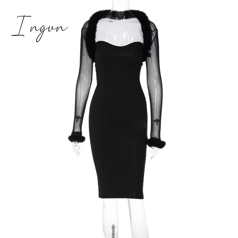 Ingvn - Black Villus Sexy Dress Women 2023 New Long Sleeve Bodycon Midi Autumn Winter Dress Elegant Club Party Dresses Vestido
