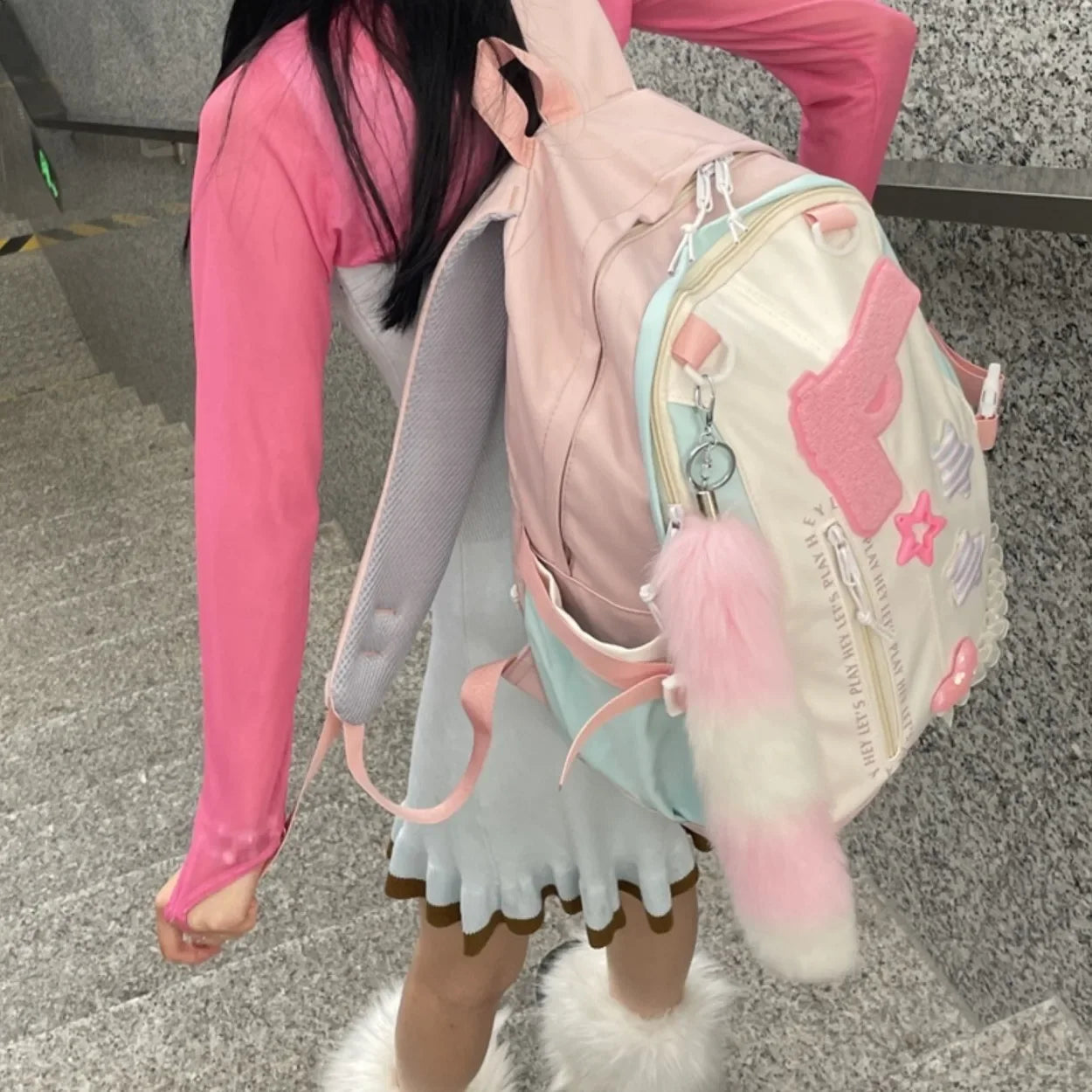 Ingvn  Y2k Japanese Original Pink Girl Pistol Star Backpack Personalized High Capacity College Schoolbags Sweet Cool Girl Shoulder Bag