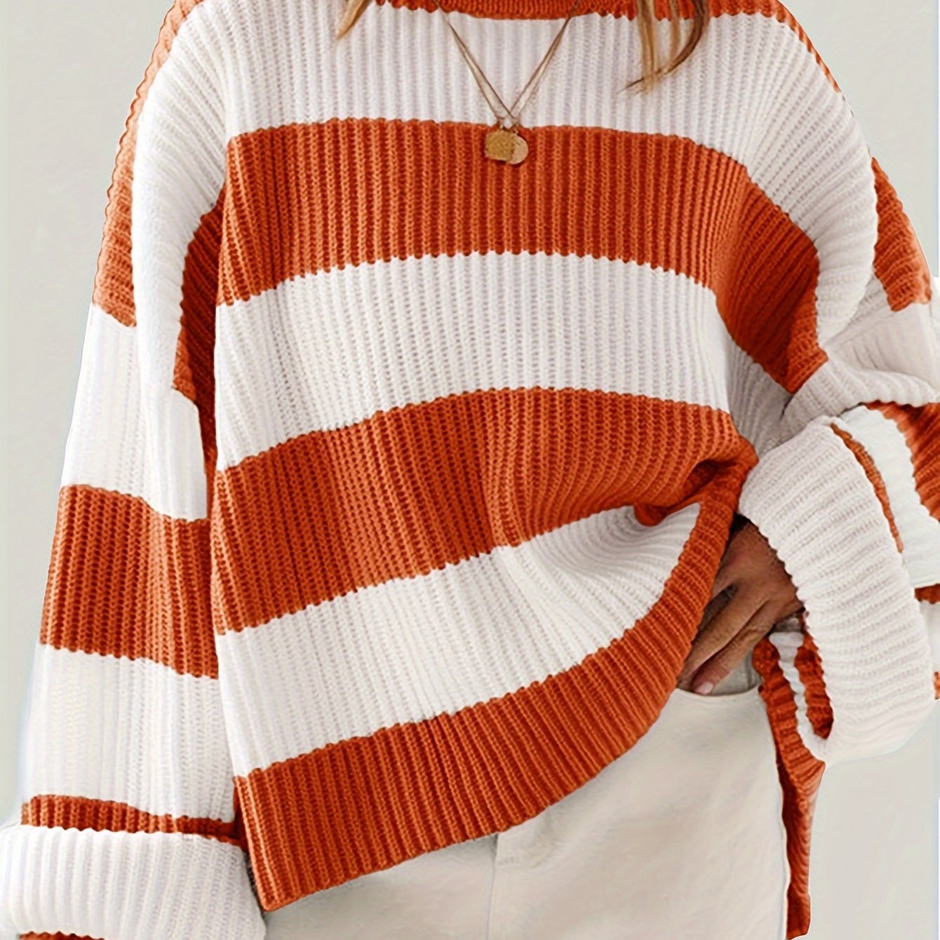 Cozy Striped Crew Neck Pullover Sweater - Soft, Casual, and Versatile Long Sleeve Drop Shoulder Rib-Knit Acrylic Top with Slight Stretch, Fashionable Loose Fit, and Easy Care for All Seasons