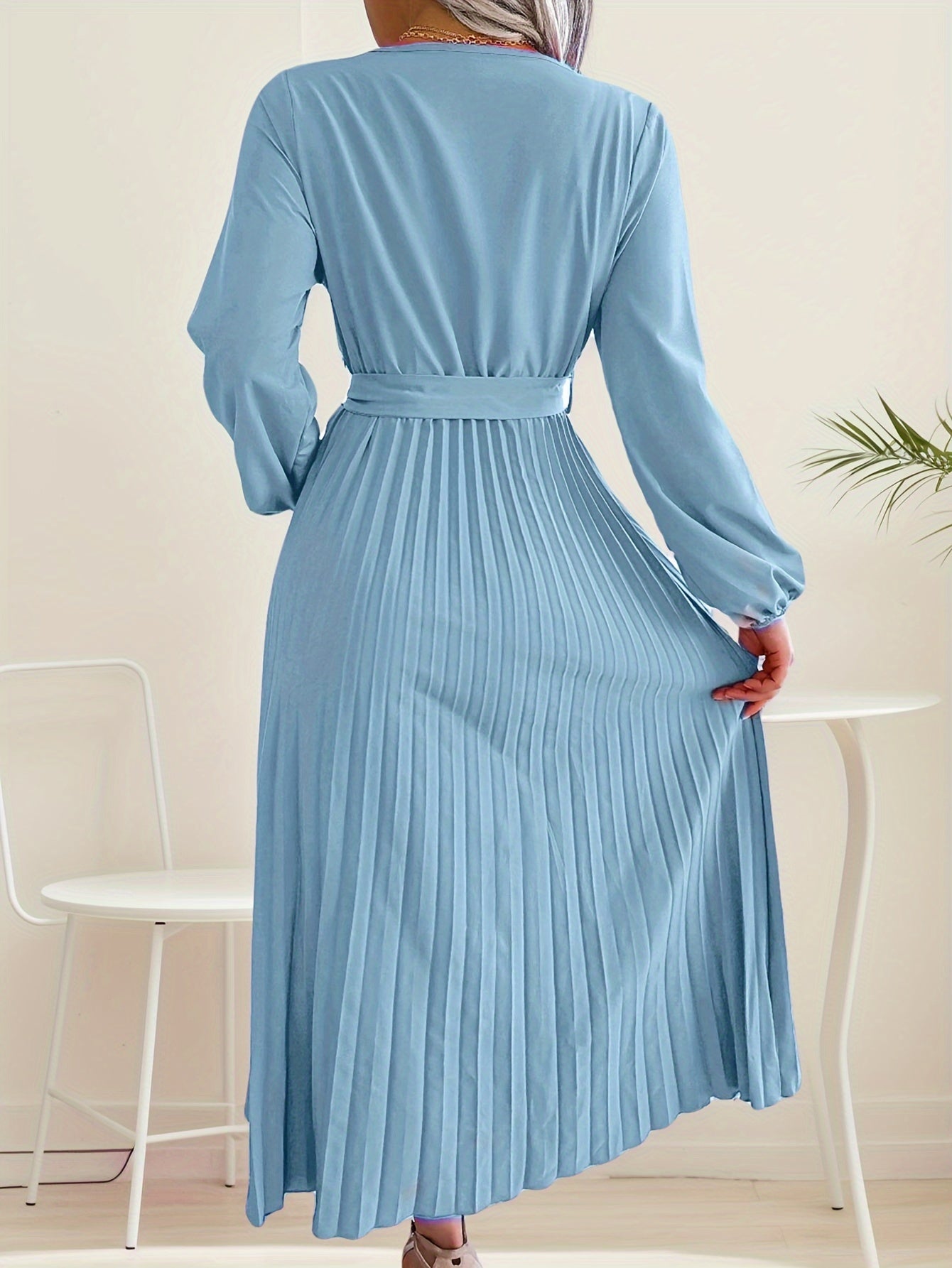 Womens Wrap Tie Dress Casual Fall V Neck Pleated Long Sleeve Solid Flowy Dress For Party Wedding Guest