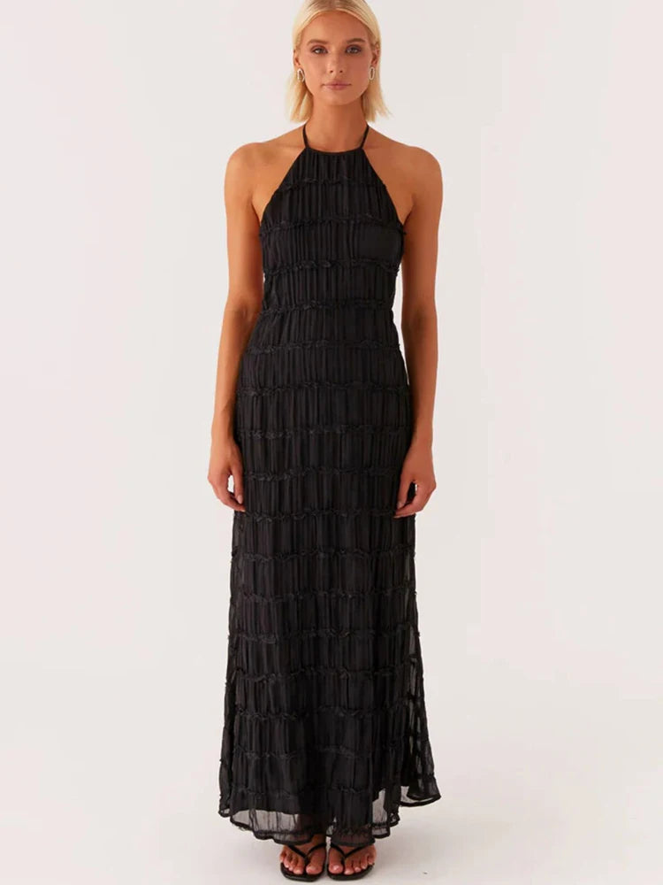 Halter Backless Sexy Maxi Dress For Women Spring Summer New Lace-up Sleeveless Pleated Beach Holiday Long Dress Elegant
