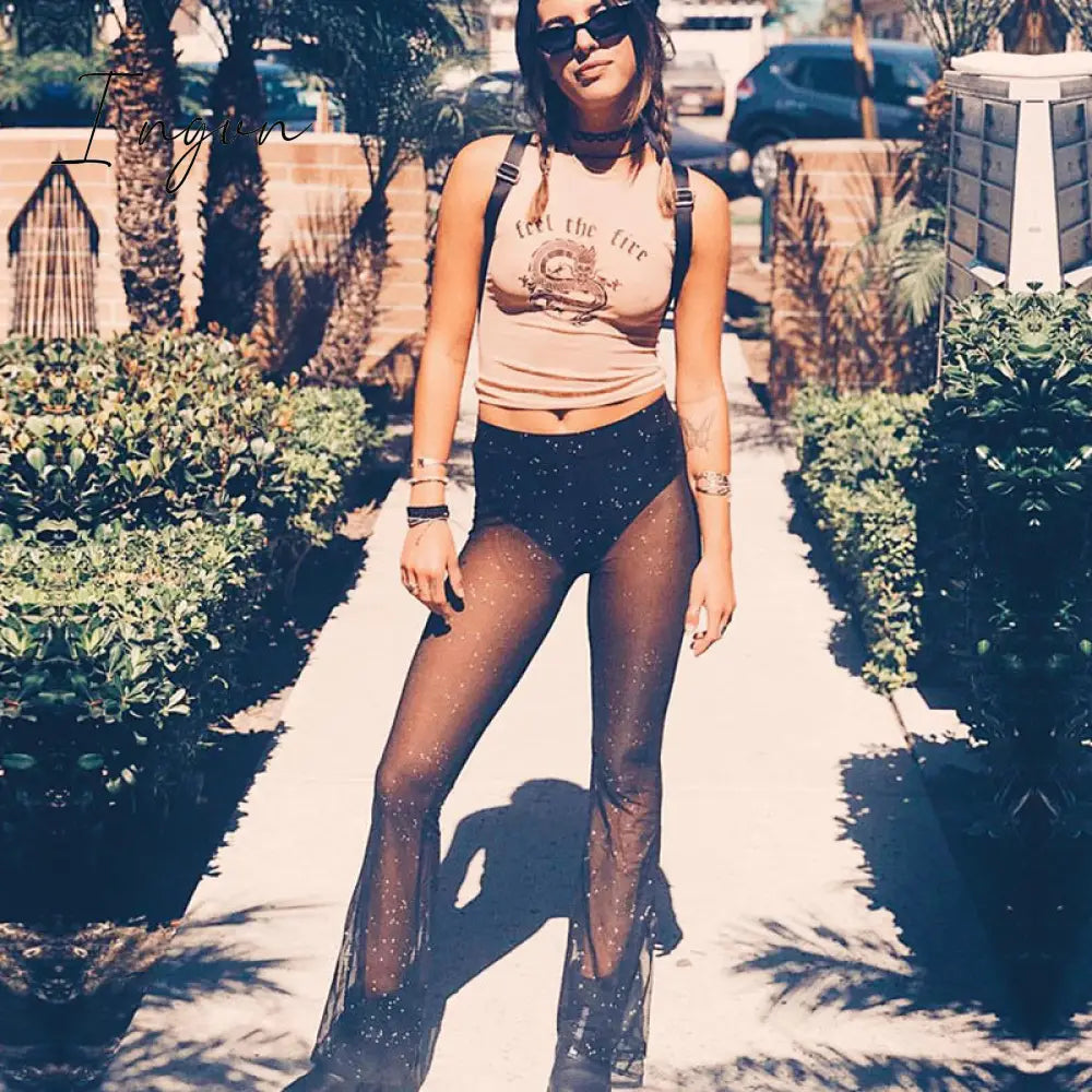 Ingvn - Glitter Black Mesh Sexy Flare Pants Streetwear Rave Bottoms See Through Beach Bell Bottom Pants Summer 2023