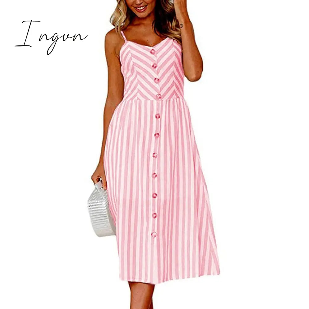 Ingvn - Boho Sexy Floral Dress Summer Vintage Casual Sundress Female Beach Dress Midi Button Backless Polka Dot Striped Women Dress