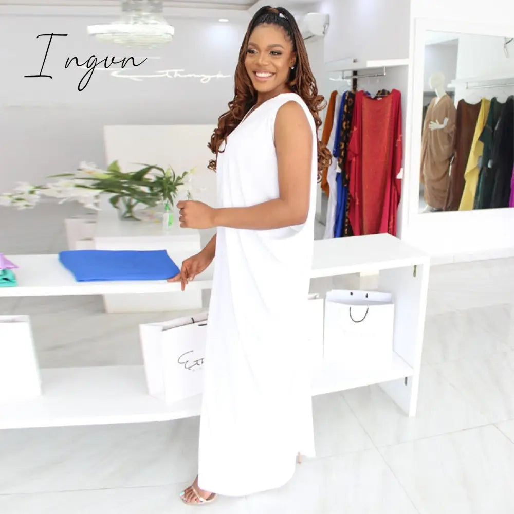 Ingvn - Casual Loose Long Vest Dress Baggy Oversized V Neck Solid Shirt Dress Loose Drapped Maxi Robes Women Basic Daily Beach Outfits
