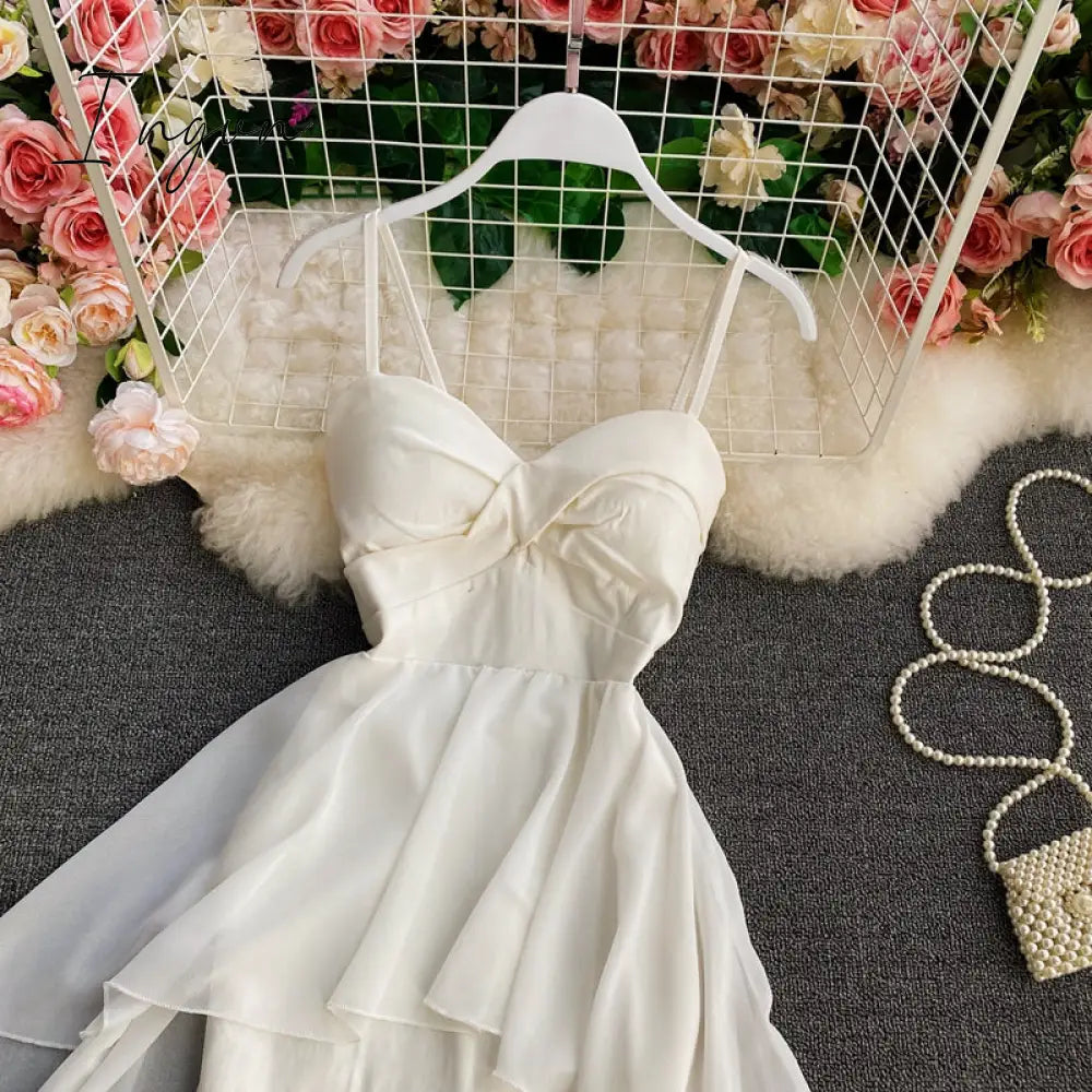 Ingvn - Women Dress Spring Summer French Elegant Sexy Gentle Temperament Female Irregular Tube Top Sling Big Swing Vestido