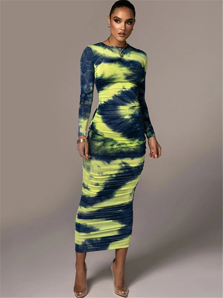 Tie-Dye Print Ruched Christmas Dress For Women Long Sleeve Sexy Bodycon Winter Dress Elastic Pleated Casual Party Dress