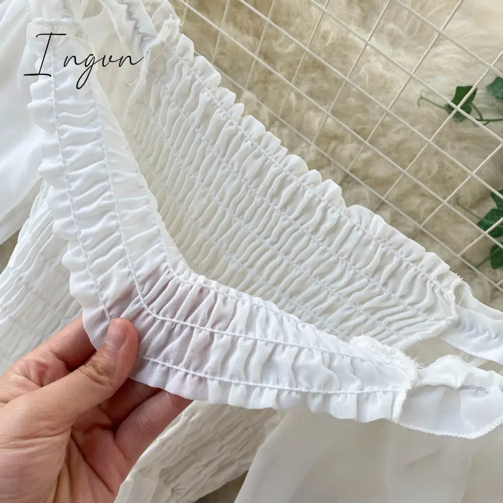 Ingvn - New Spring Autumn Dresses for Women Women Elegant Holiday Dresses Puff Sleeve Slash Neck Off Shoulder Smocked White Chiffon Dresses