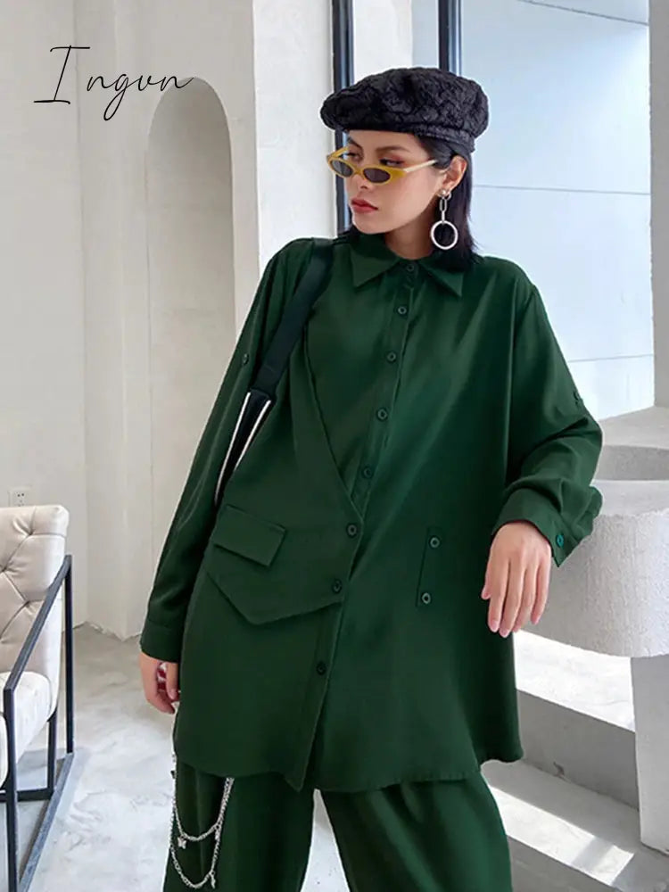 Ingvn - Wide Leg Pants Irregular Big Size Two Piece Suit New Lapel Long Sleeve Loose Fit Women Fashion Spring Autumn