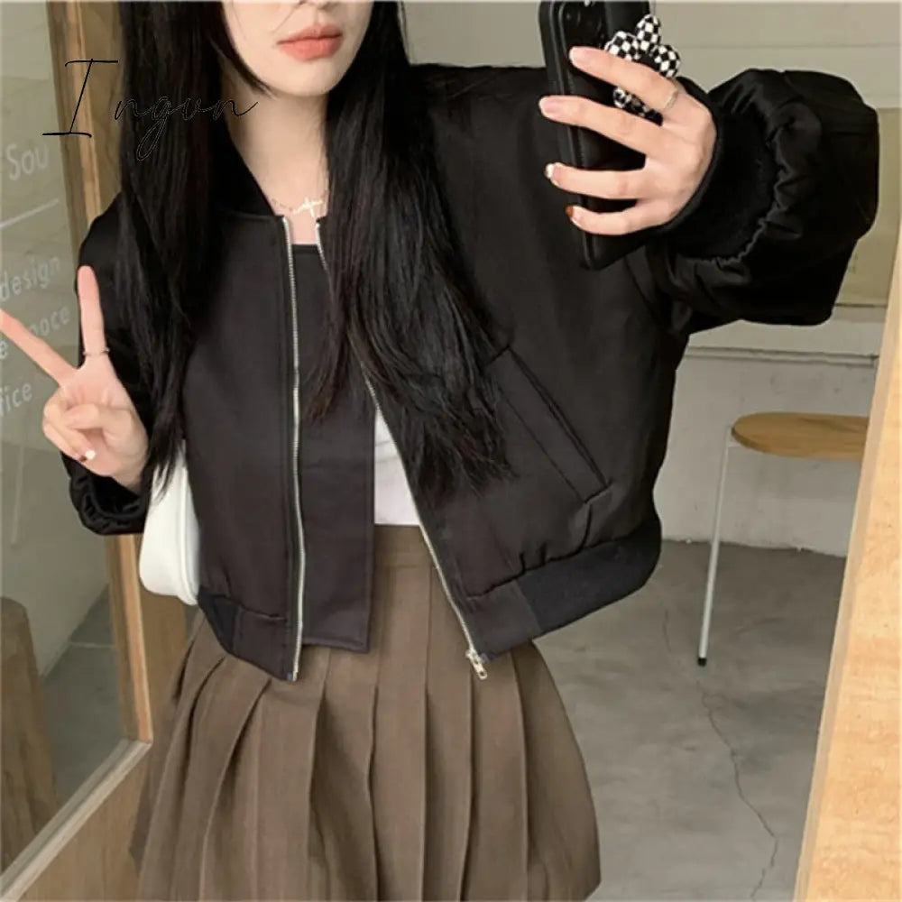 Ingvn - Chic Jacket for Women Spring 2023 New Long Sleeve Stand Collar Korean Zippers Oversized Coats Solid Casual Y2k Jackets