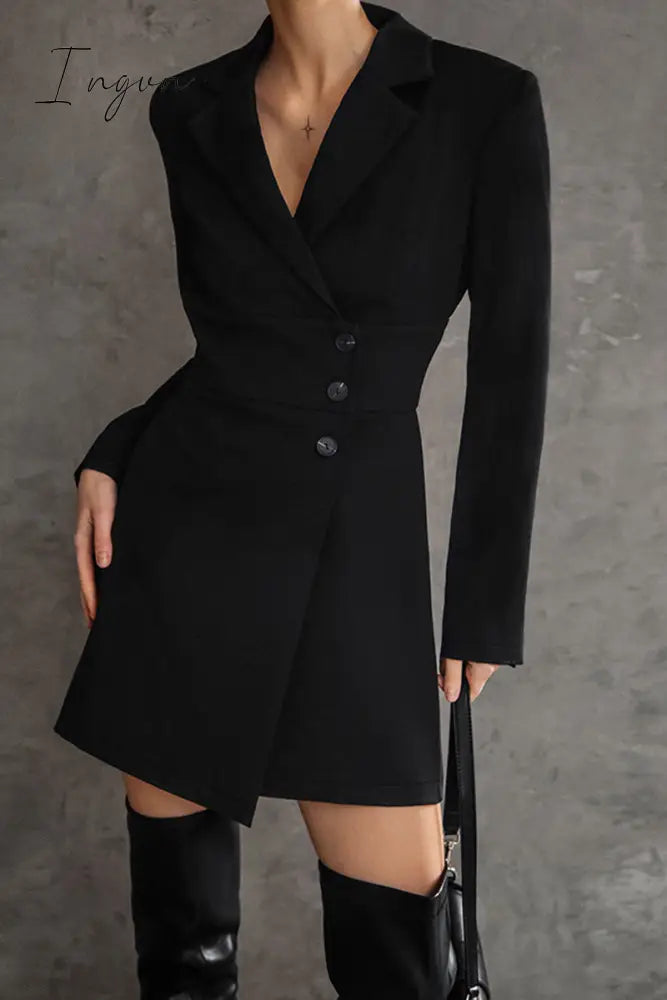 Ingvn - British Style Solid Buttons Turn-back Collar Suit Dress Dresses