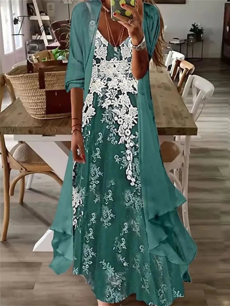 Ingvn - Women's Casual Dress Dress Set Two Piece Dress Long Dress Maxi Dress Purple Brown Green Half Sleeve Flower Print Summer Spring V Neck Fashion Vacation 2023 S M L XL XXL 3XL