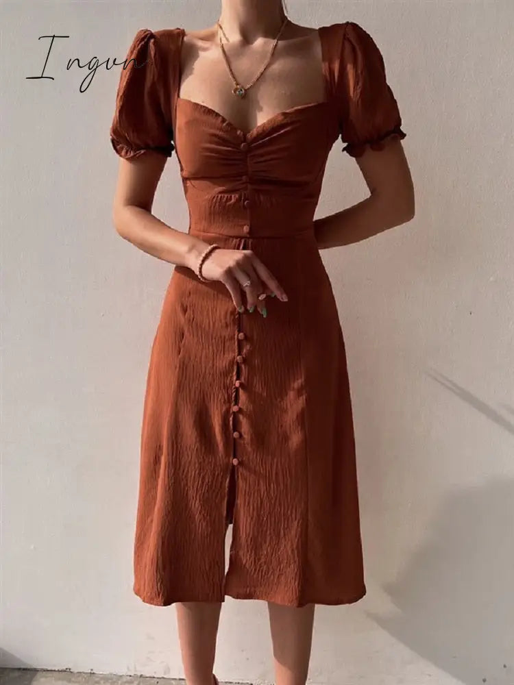 Ingvn - Sexy Fashion V Neck Button Puff Sleeve Dress Women Summer Elegant Black Slim A-line Slit Party Dresses Casual Midi Dress