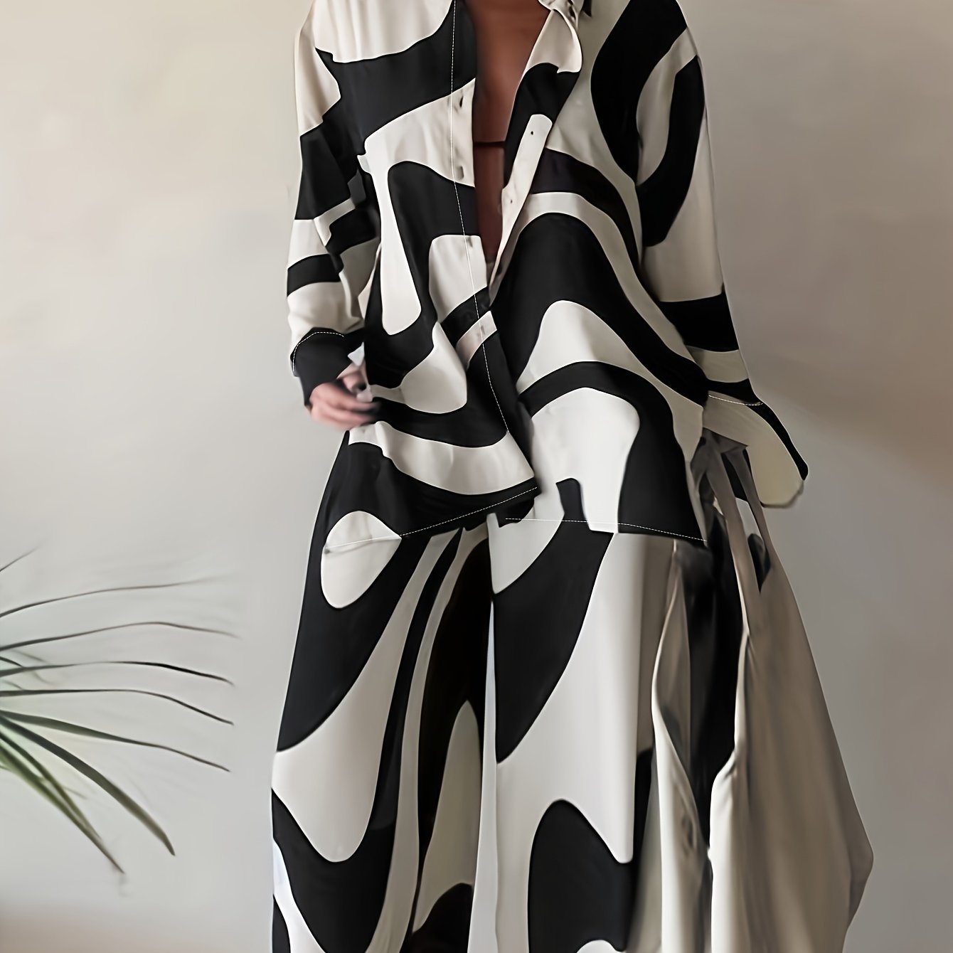 Long Sleeve Plus Size Two-piece Set, Geometric Print Buttons Shirts & Wide Leg Pants Outfits, Women's Clothing