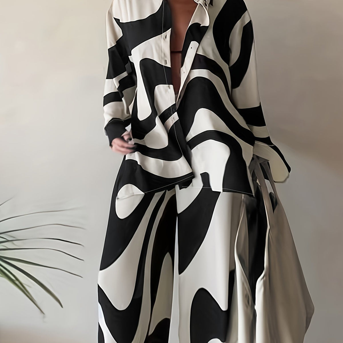 Long Sleeve Plus Size Two-piece Set, Geometric Print Buttons Shirts & Wide Leg Pants Outfits, Women's Clothing