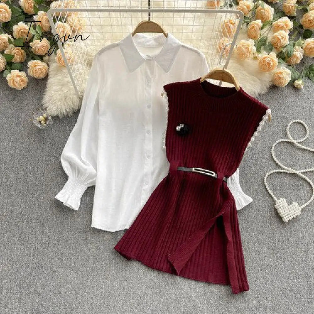 Ingvn - Spring Outfits Women Sleeve White Shirt Fashion Two Piece Suit Red Cotton Sweater Vest Lady Casual Preppy Style White Belt