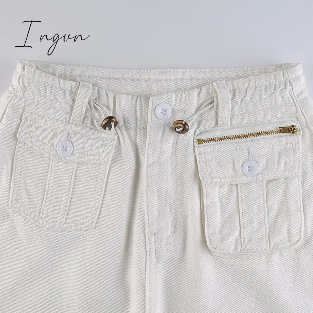 Ingvn - Women Spring Fashion Multi Pockets White Cargo Pants Women Adjustable Low Waist Baggy Wide Leg Jeans Oversized Casual Trousers Retro Bottoms Iamhotty