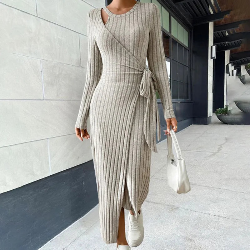 Women Knitting Loungewear Maxi Dress, Autumn Winter Long Sleeve Solid Party Dress, Lace-Up Patchwork Ladies Holiday Dress