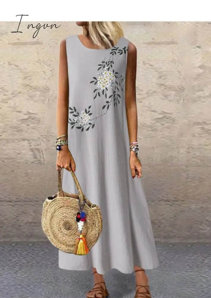 Ingvn - Sundress Women Summer Dress Printing Sexy Dress Midi Plus Size Casual Linen Loose Sleeveless printed Long Maxi Dress