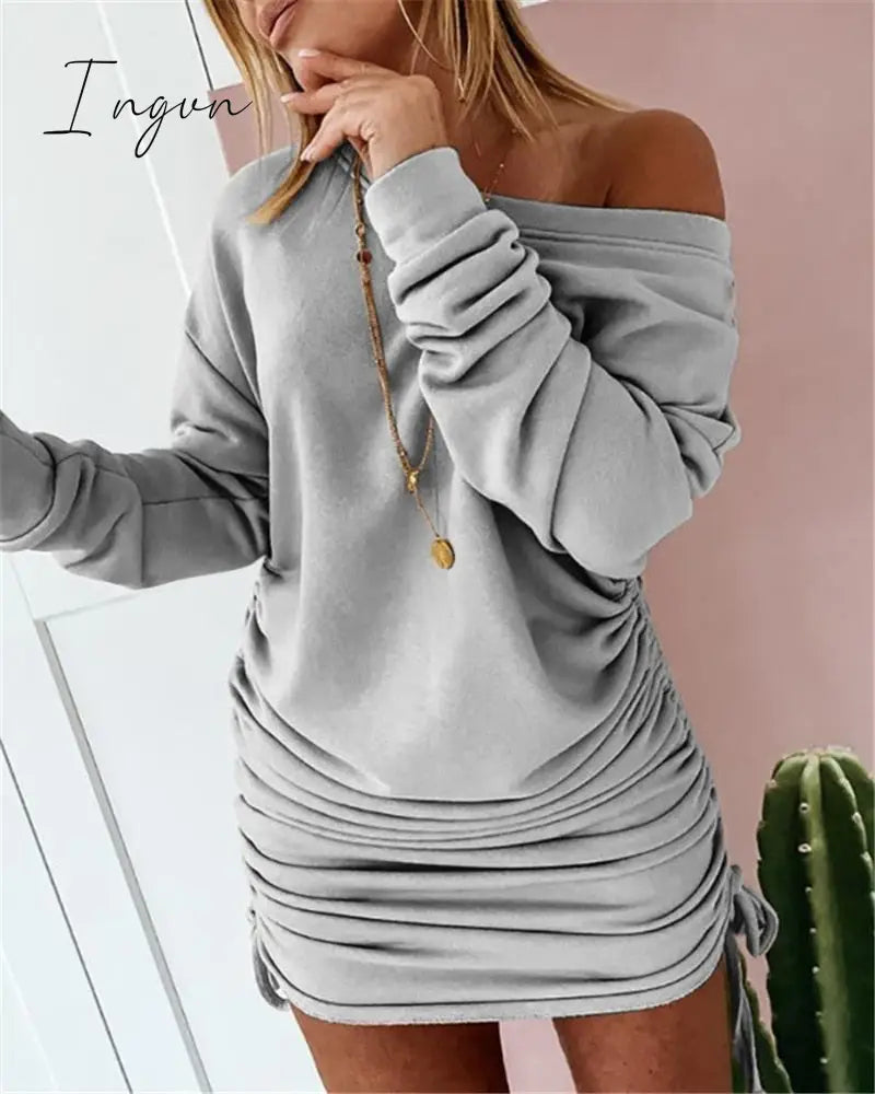 Ingvn - Women Sexy Mini Dress Casual Ruffled Drawstring Solid Pencil Dress Autumn Long Sleeve Off Shoulder Pullovers Ladies Slim Dress