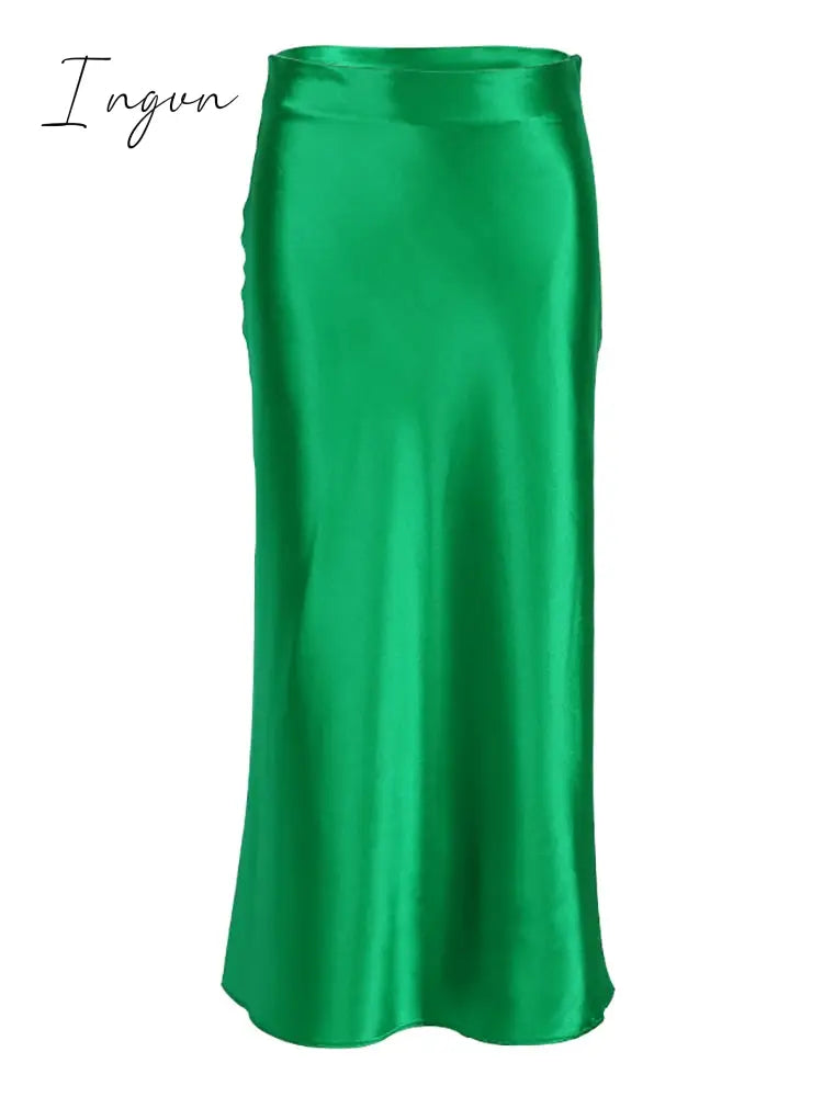 Ingvn - Solid Purple Satin Silk Skirt Women High Waisted Summer Long Skirt New Elegant Ladies Office Skirts Midi Spring