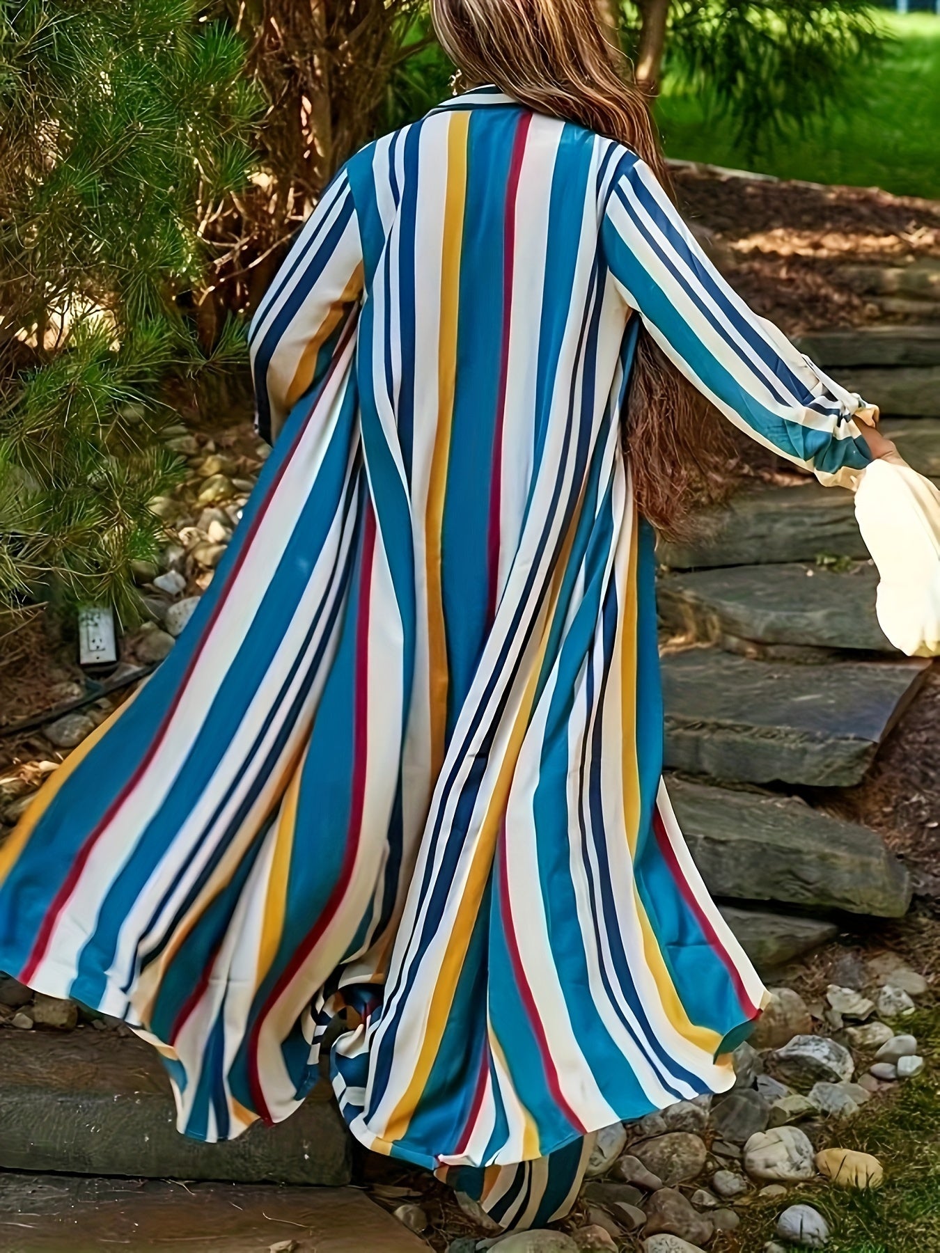 Plus Size Fashionable Outfits Set, Women's Plus Striped Long Sleeve Button Up Shirt & Wide Leg Pants Outfits Two Piece Set