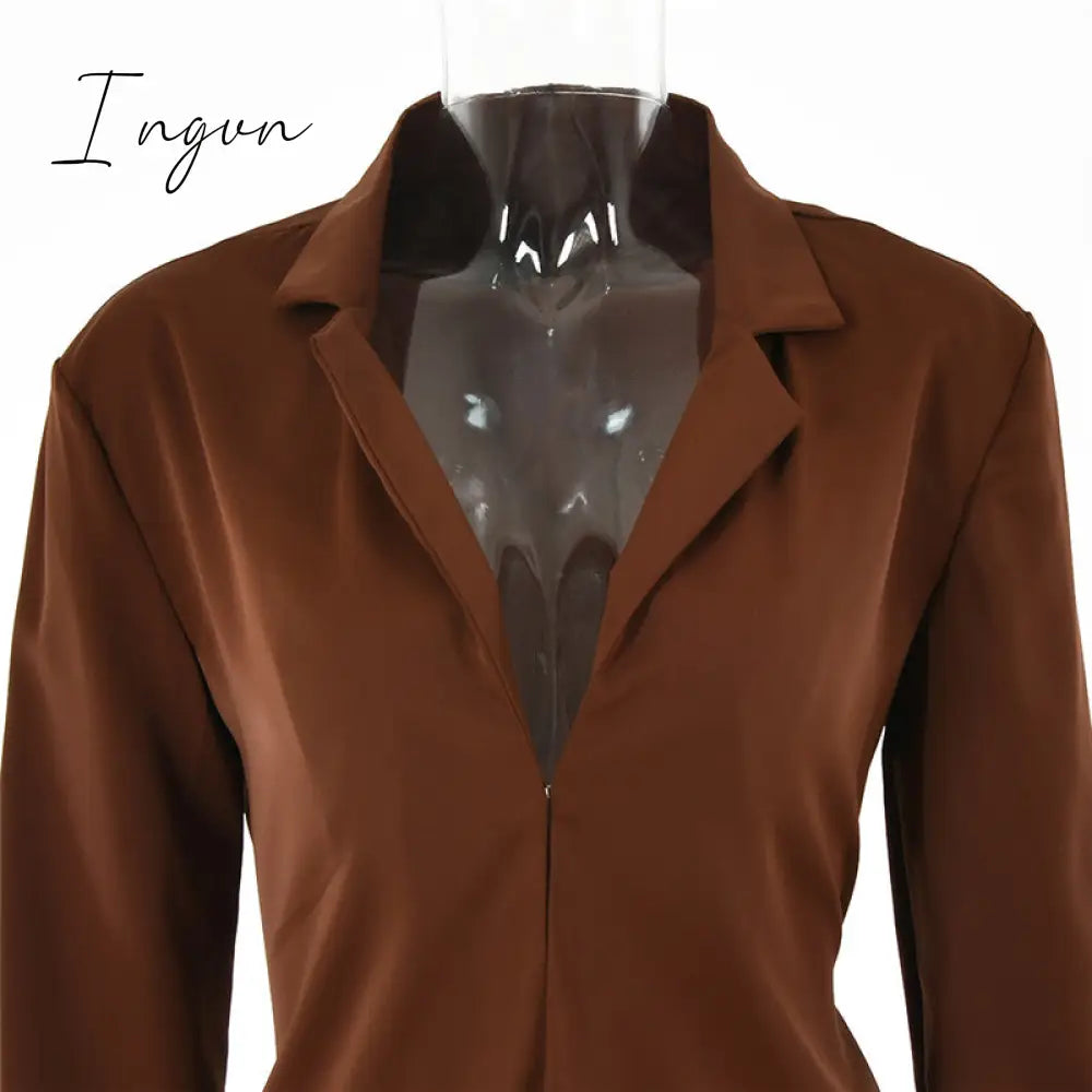 Ingvn - Turn-down Collar Button Women Two Piece Set Brown Long Sleeve Top High Waist Skirt Women Autumn Sexy Slim Office Outfits