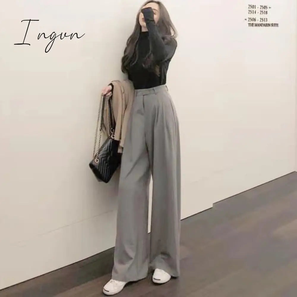 Ingvn - Retro Solid Color Wild Straight Wide Leg Pants Female Spring New Korean Fashion High Waist Casual Long Pants