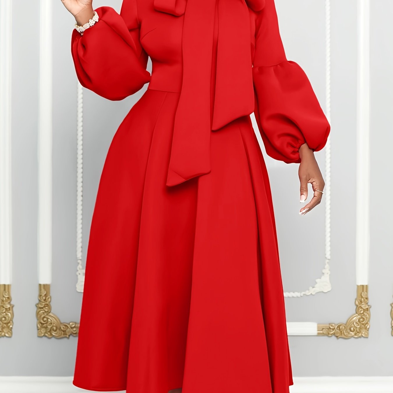 Solid Color Tie Neck Aline Dress, Elegant Ruffle Trim Lantern Sleeve Dress For Spring & Fall, Women's Clothing
