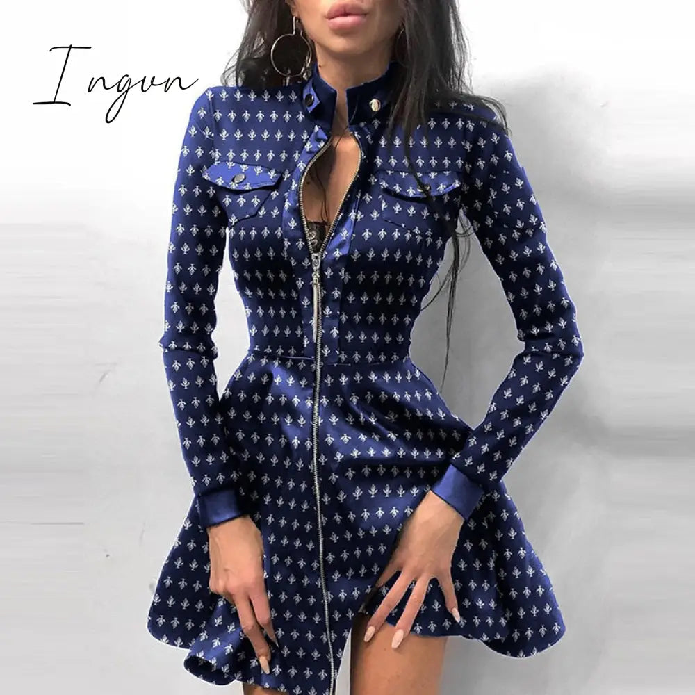 Ingvn - Sexy Stand Collar Print Zipper Long Sleeves Mini Dress Casual Autumn Winter Fashion Pocket Pu Leather Dress Elegant Slim Dresses