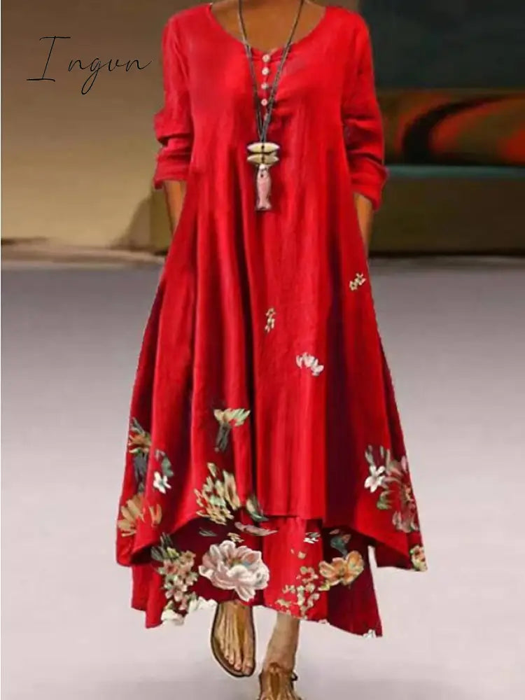 Ingvn - Women‘s Long Dress Maxi Dress White Yellow Pink Long Sleeve Floral Print Summer Spring Fall Crew Neck Summer Dress Regular Fit 2023 S M L XL XXL 3XL 4XL 5XL