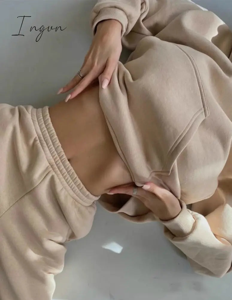 Ingvn - 2 Piece Set Women Spring Autumn Tracksuit Solid Hooded Sweatshirt Top And Wide Leg Pants Suits Loose Casual Fashion Sportswear