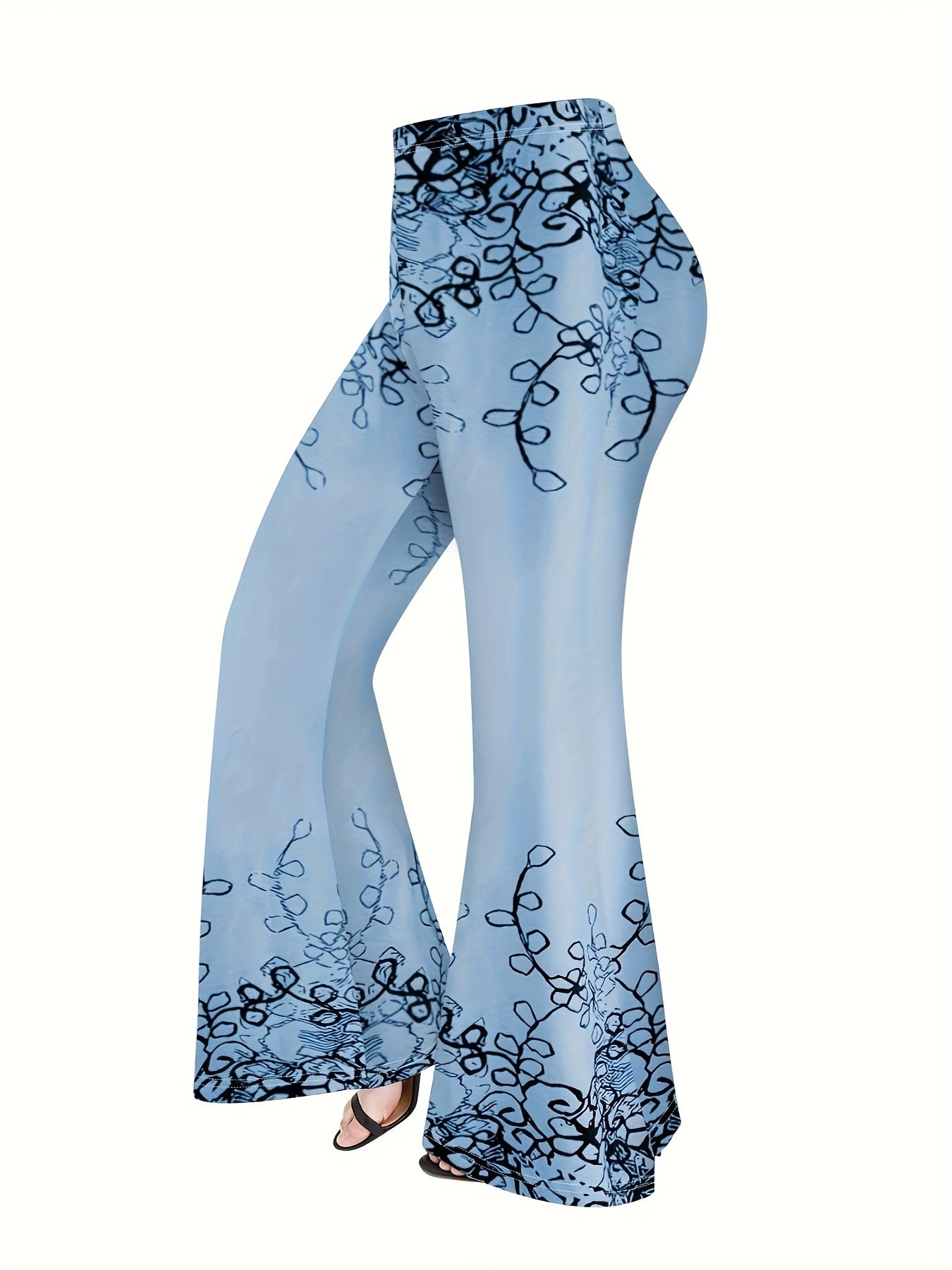 Plus Size Womens Fashion Plant Print T-Shirt & Flare Pants Set - Casual Comfort-Fit Outfit, Round Neck Long Sleeve Top with Trendy Flare Leg Bottoms for Stylish Seasonal Wear