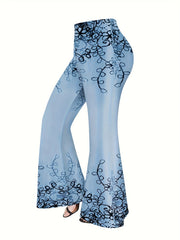 Plus Size Womens Fashion Plant Print T-Shirt & Flare Pants Set - Casual Comfort-Fit Outfit, Round Neck Long Sleeve Top with Trendy Flare Leg Bottoms for Stylish Seasonal Wear