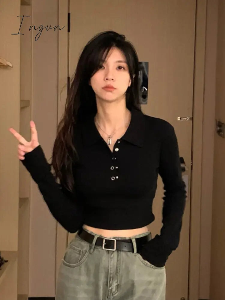 Ingvn - Winter Vintage Short T-shirt Women Elegant Solid Long Sleeve Slim Y2K Tops Female Casual Korean Fashion Warm Polo Shirts
