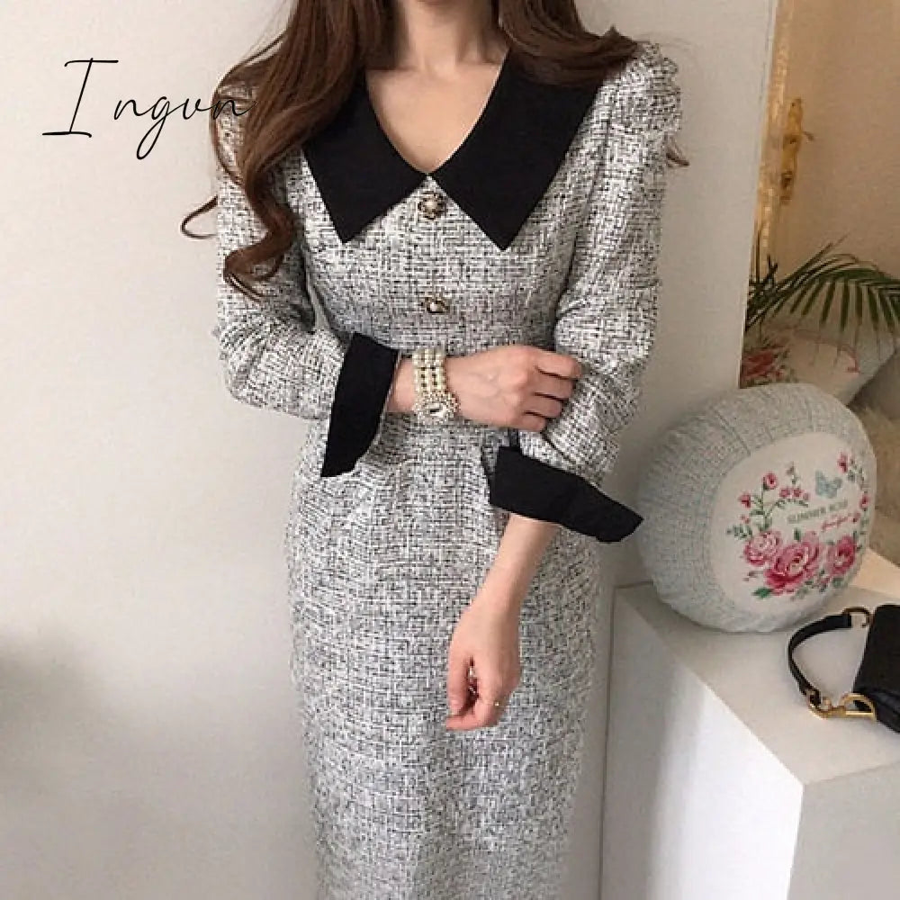 Ingvn - Women Long Tweed Dress Autumn Retro Temperament Contrast Color Lapel Pleated Lace Waist Thinner Thicker Dresses Female