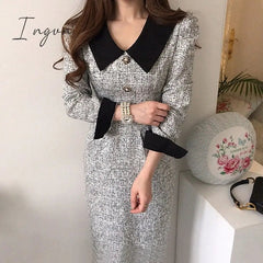 Ingvn - Women Long Tweed Dress Autumn Retro Temperament Contrast Color Lapel Pleated Lace Waist Thinner Thicker Dresses Female