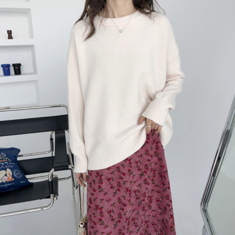 Voguable Elegant Women Sweater Oversized Knitted Basic Pullovers O Neck Loose Soft Female Knitwear Jumper