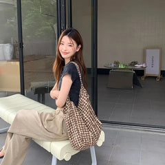 Ingvn  Women's Brown Round Dot Shoulder Bag Canvas Shopping Bags Simple Student Tote Handbag Summer